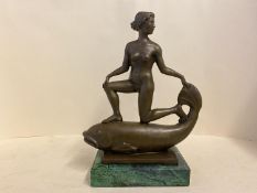 Art Deco bronze of a female nude riding a fish, signed FREMIET, 38cmH,