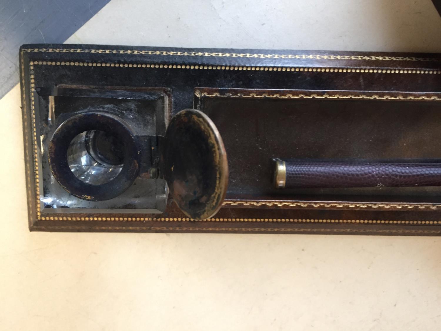 Hardwood stationery cabinet, a desk tidy, a tooled and gilt leather pen try and inkwell, a painted - Image 4 of 4