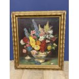 C19th oil on canvas, still life flowers in a tureen, in gilt frame