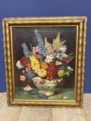 C19th oil on canvas, still life flowers in a tureen, in gilt frame