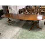 Modern mahogany brass inlaid reproduction twin pedestal extending dining table, 300cm Overall length