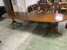 Modern mahogany brass inlaid reproduction twin pedestal extending dining table, 300cm Overall length