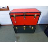 Two large Mossman trunks, Red leather trunk (keys) 91cm wide x 49cm high x 52cm depth, Green