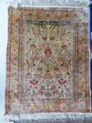 Small silk rug, gold, cream & blue, flowers & birds design, 87x110cm