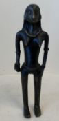 Antique punu tribal bronze figure of a lady wearing a slim belt and necklace carrying a small
