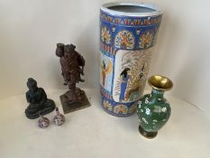 Umbrella stand with Egyptian scenes, Asian wooden and metal figurines, pair of miniature ceramic