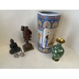 Umbrella stand with Egyptian scenes, Asian wooden and metal figurines, pair of miniature ceramic