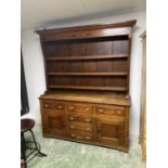 C19th Oak dresser with 6 drawers and cupboards and cupboards to base, 200cmH x 161W x 48cmD (