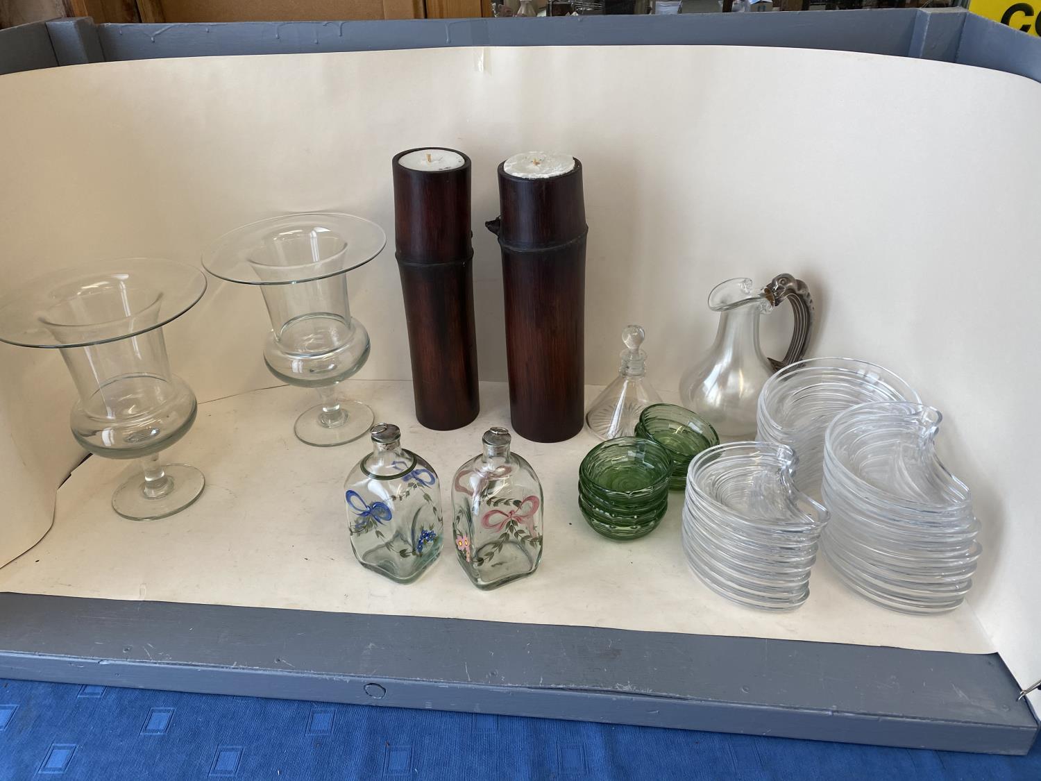 Pair of large glass vases, qty of glass candle holders, glass plates, large qty of tea light holders