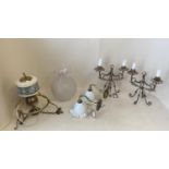 Pair decorative metal table candelabras and 1 pair brass wall lights with glass shades. Hanging