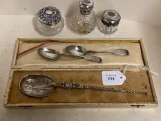 Hallmarked silver cased embossed apostle spoon, pair tea spoons, and 3 silver topped glass