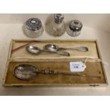 Hallmarked silver cased embossed apostle spoon, pair tea spoons, and 3 silver topped glass