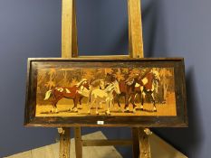 An Inlaid rosewood panel, depicting ponies, 41 x 93cm, some wear.