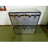 Two large Mossman silver stucco aluminium trunks (both with keys), 91cm wide x 49cm wide x 52cm