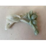 Finely carved Green and white Jade Lotus flowers and Exotic bird, 10cmL