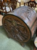 Good quality highly carved Camphorwood fitted chest in the form of a Chinese circular drum with