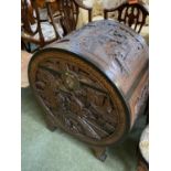 Good quality highly carved Camphorwood fitted chest in the form of a Chinese circular drum with
