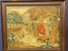 Cruel work picture of figures and donkey by a well, possibly C17th/C18th, 48 x 59cm, Condition -