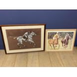Framed and glazed, pastel and crayon study of a polo player signed Jenny Brooks and a coloured print