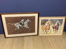 Framed and glazed, pastel and crayon study of a polo player signed Jenny Brooks and a coloured print
