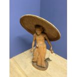 Modern wooden carved figure of an Asian gentleman with large hat