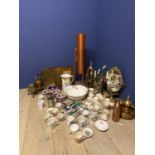 Quantity of general china and brass, to include commemorative mugs, and toys, lamp, Condition -