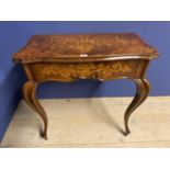 19th Century marquetry inlaid console table with pull-out drawer beneath, supported by carved