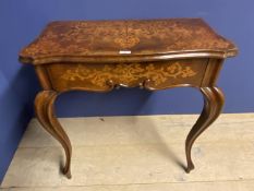 19th Century marquetry inlaid console table with pull-out drawer beneath, supported by carved
