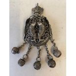 White metal chatelaine scent bottle decorated with fish