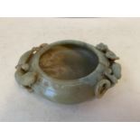 Finely carved jade bowl with mythical serpents for handles, 10cm diam