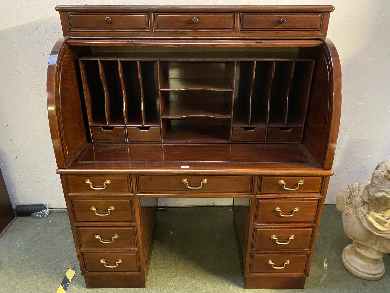 Large roll top modern polished hardwood desk in the oriental style , 9 drawers below a fitted