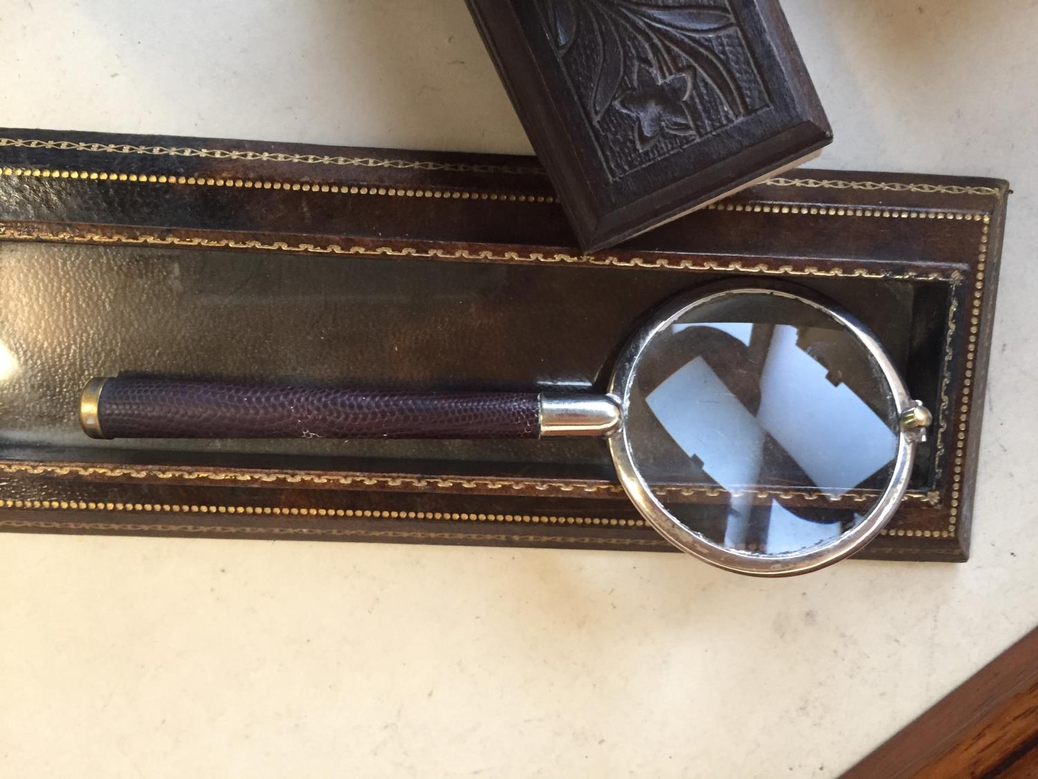 Hardwood stationery cabinet, a desk tidy, a tooled and gilt leather pen try and inkwell, a painted - Image 3 of 4