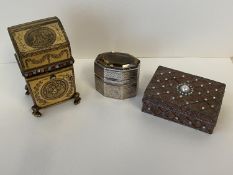 Regency ladies small brass travelling fitted sewing casket, small white metal casket with hinged lid