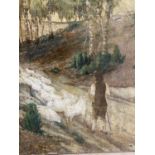 Kosters C19th continental school of large oil on canvas country scene with shepherd leading sheep