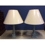 Pair modern blue painted wooden column lamps and shades