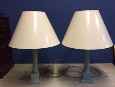 Pair modern blue painted wooden column lamps and shades