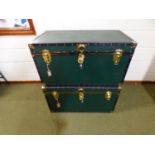 Two large Mossman leather trunks, 91cm wide x 49cm high x 52cm depth, keys to both trunks, see