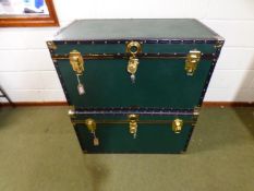 Two large Mossman leather trunks, 91cm wide x 49cm high x 52cm depth, keys to both trunks, see