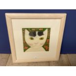 Framed and glazed picture Sanchia Lewis, portrait of cat, mixed media