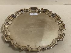 Modern, Asprey, Hallmarked silver circular engraved salver on three feet, , with gadrooned edges,