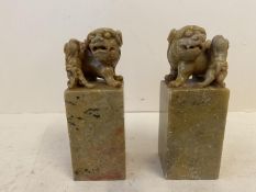 Pair of hardstone Chinese square seals, with Dog of Fo finials, 12 cmH