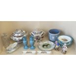 A quantity of decorative porcelain and stoneware, to include a pair of Victorian blue milk glass