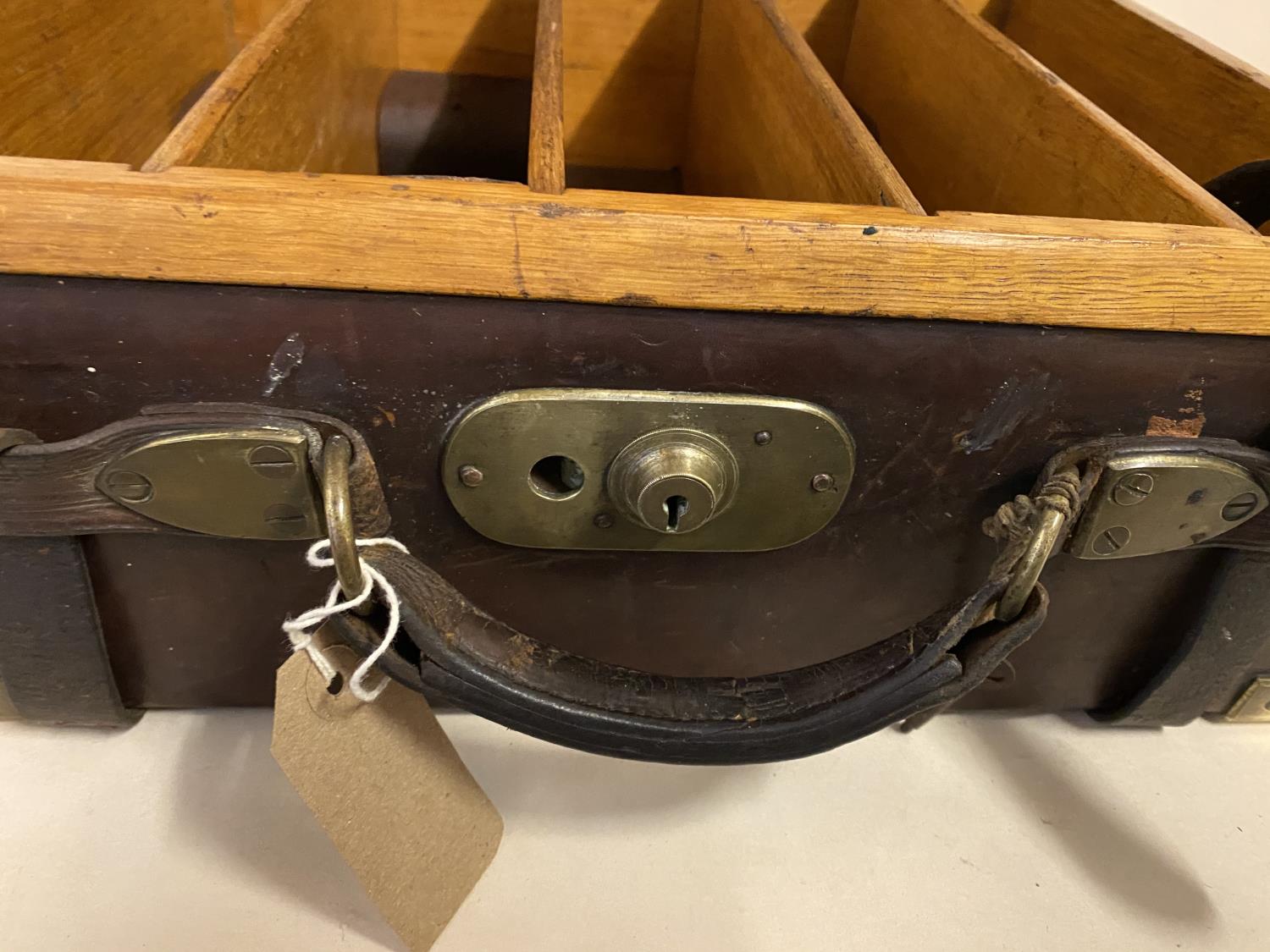 A leather and brass bound cartridge magazine with RLS initials to top, and opening to reveal - Image 2 of 5