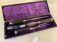 Cased Antler handled 3 piece carving set by Joseph Elliot & Sons cutlers Sheffield.