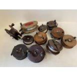 Collection of 10 vintage wooden fishing reels and a bakelite reel Allcock Aerialite, (11 in