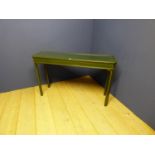 Good quality contemporary green and gold inlaid painted console table, with inlaid glass panel to
