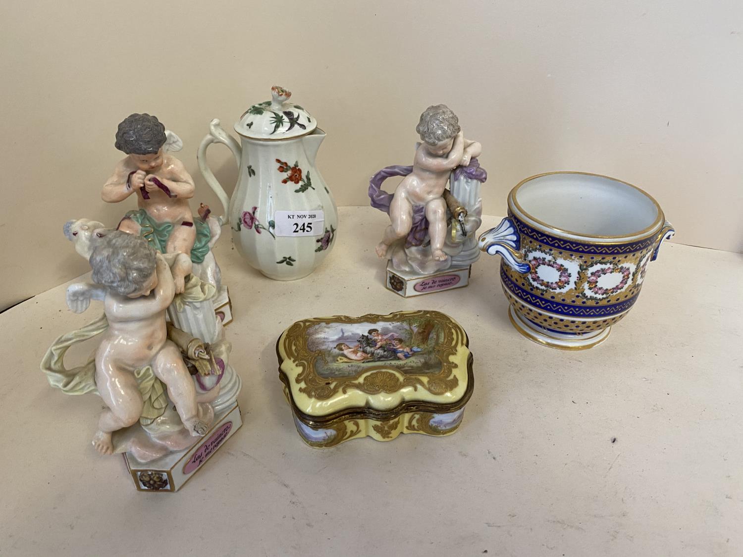 3 cherubic figurines blue X mark to base damage and losses. Chinese famille rose small coffee pot 13