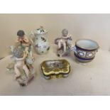 3 cherubic figurines blue X mark to base damage and losses. Chinese famille rose small coffee pot 13