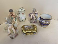 3 cherubic figurines blue X mark to base damage and losses. Chinese famille rose small coffee pot 13