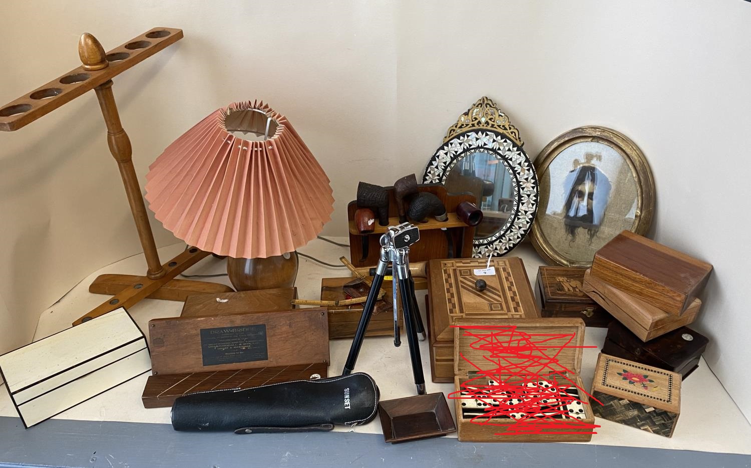 Quantity of treen, games, and other decorative items to include inlaid boxes mirrors, an oval mirror